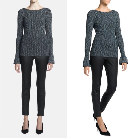 Theory Cabled Print Ribbed Boatneck Sweater with Bell Sleeves - Picture 1 of 16